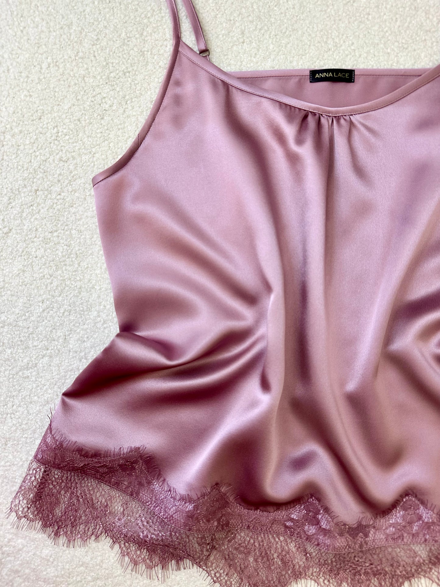Mulberry Silk Pajamas Lilac Lace camisole close-up