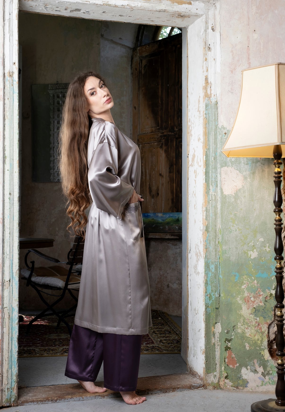 Natural Silk Robe - Silver - lifestyle product photo
