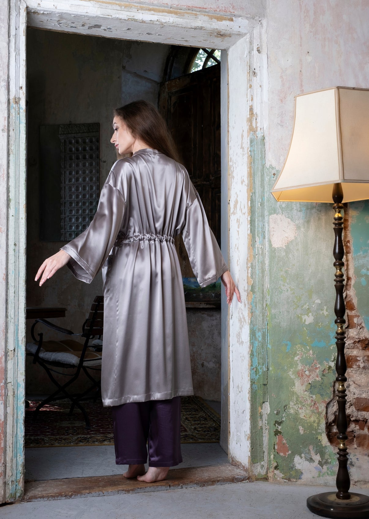 Natural Silk Robe - Silver - worn on model