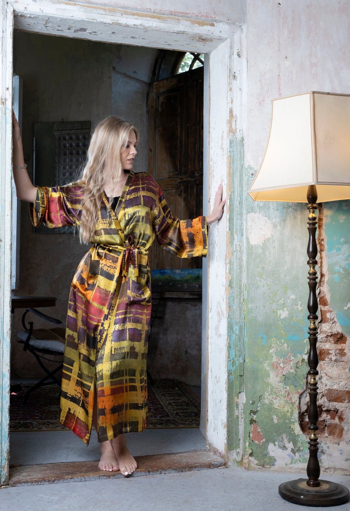 Long Silk Robe - Flight of Colors - lifestyle product photo