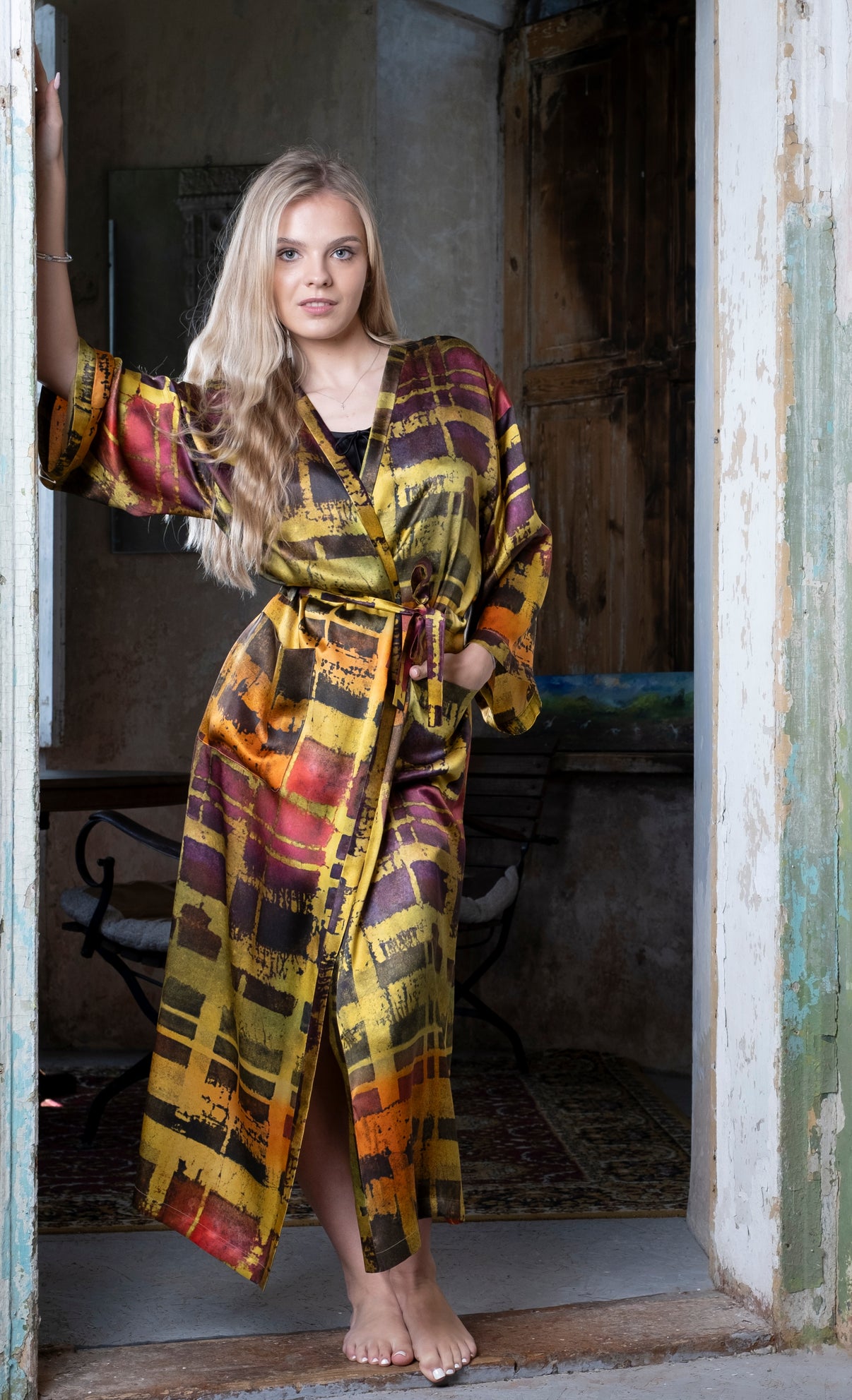 Long Silk Robe - Flight of Colors - ANNA LACE handmade silk product