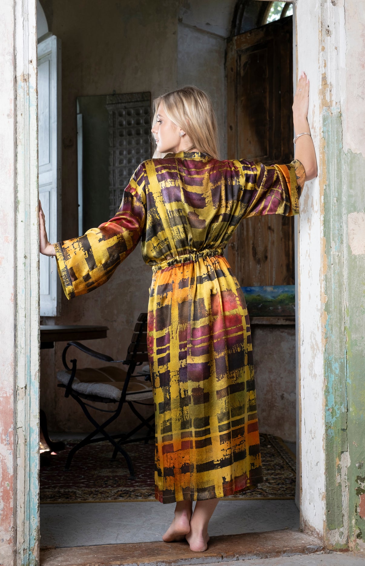 Long Silk Robe - Flight of Colors - worn on model
