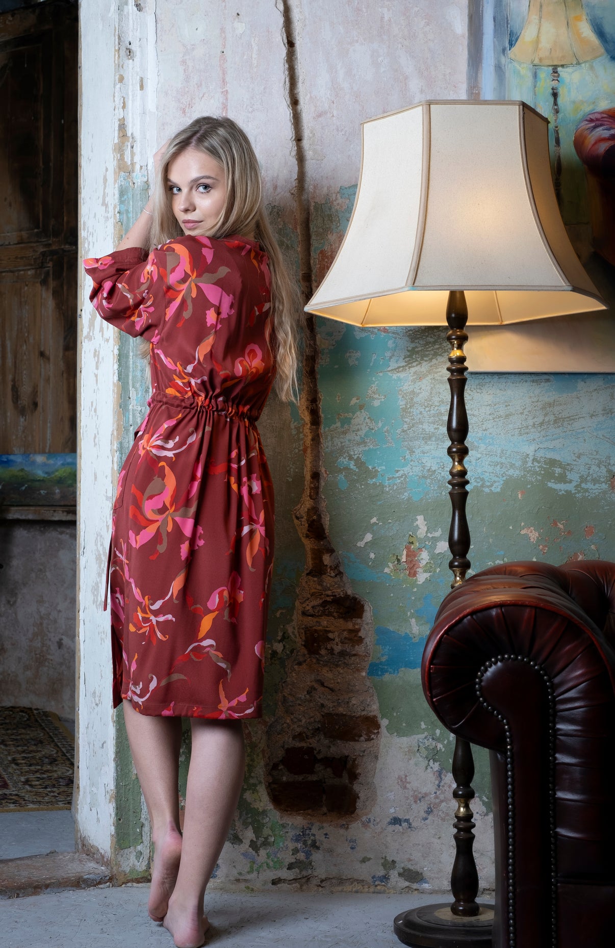 Natural Silk Robe - Irises - worn on model