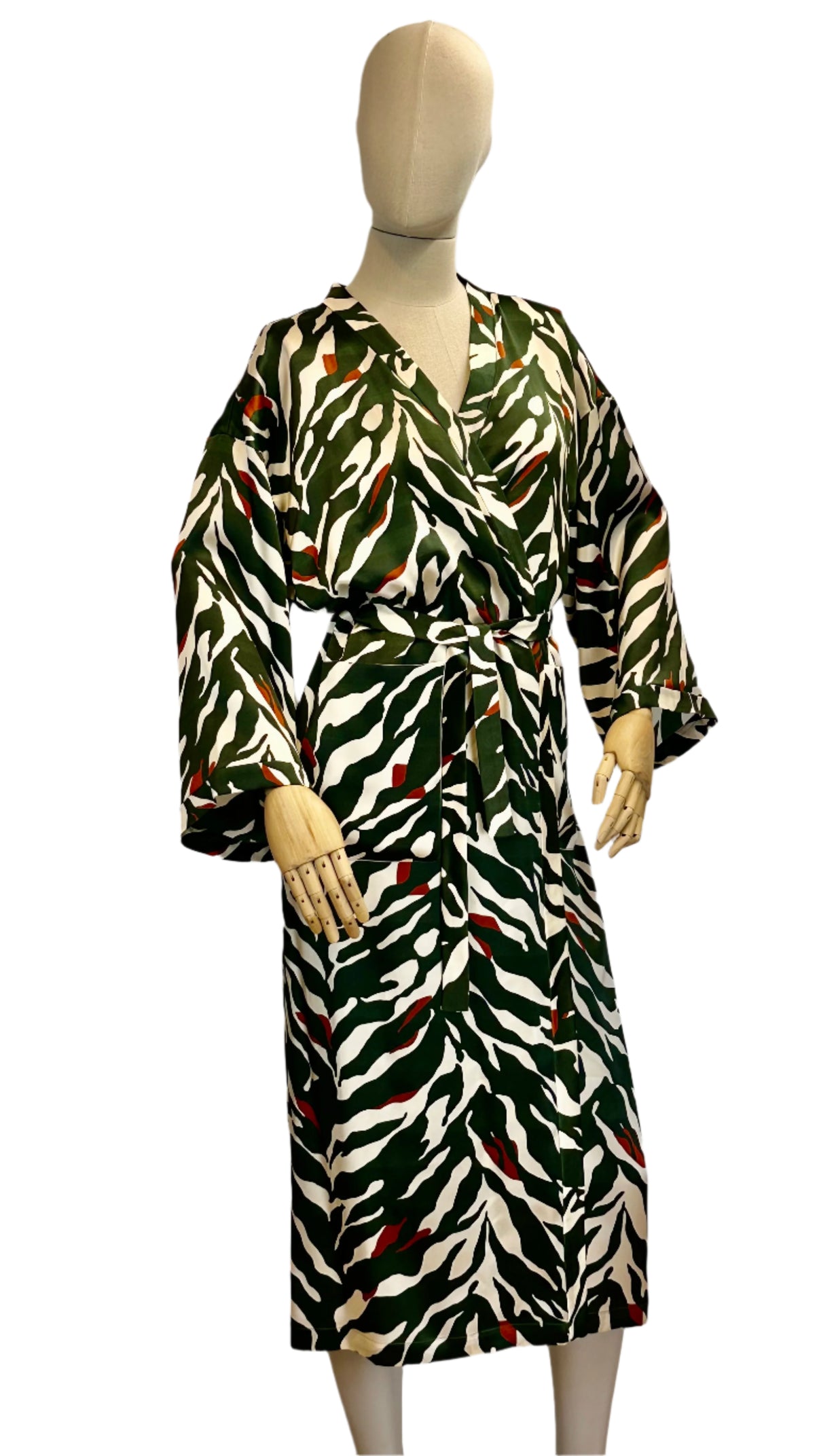 Natural Silk Robe - Green Tiger - worn on model