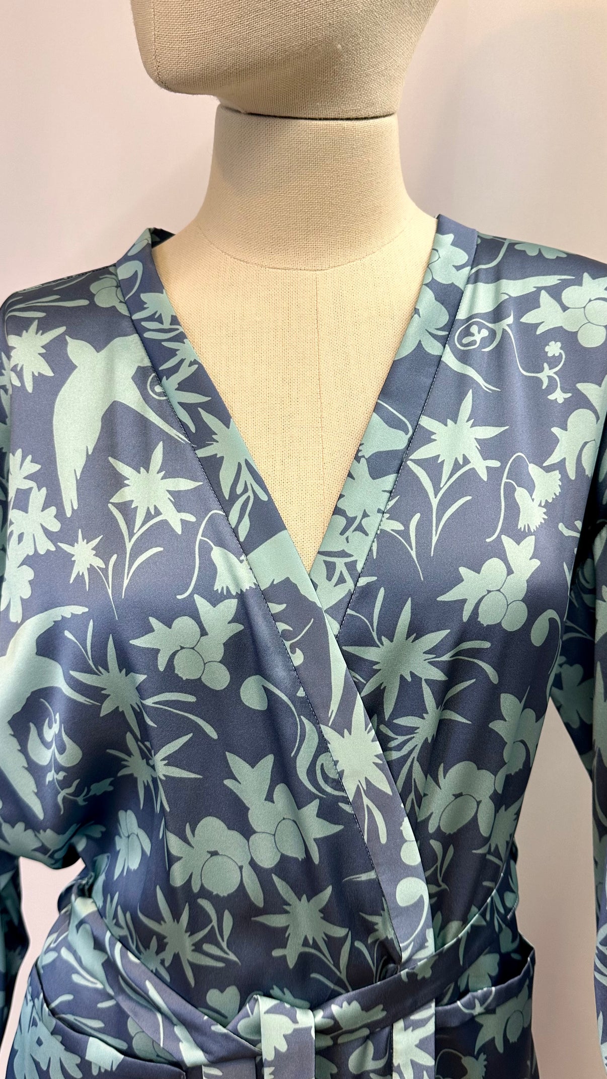 Natural Silk Robe - Swallows - worn on model
