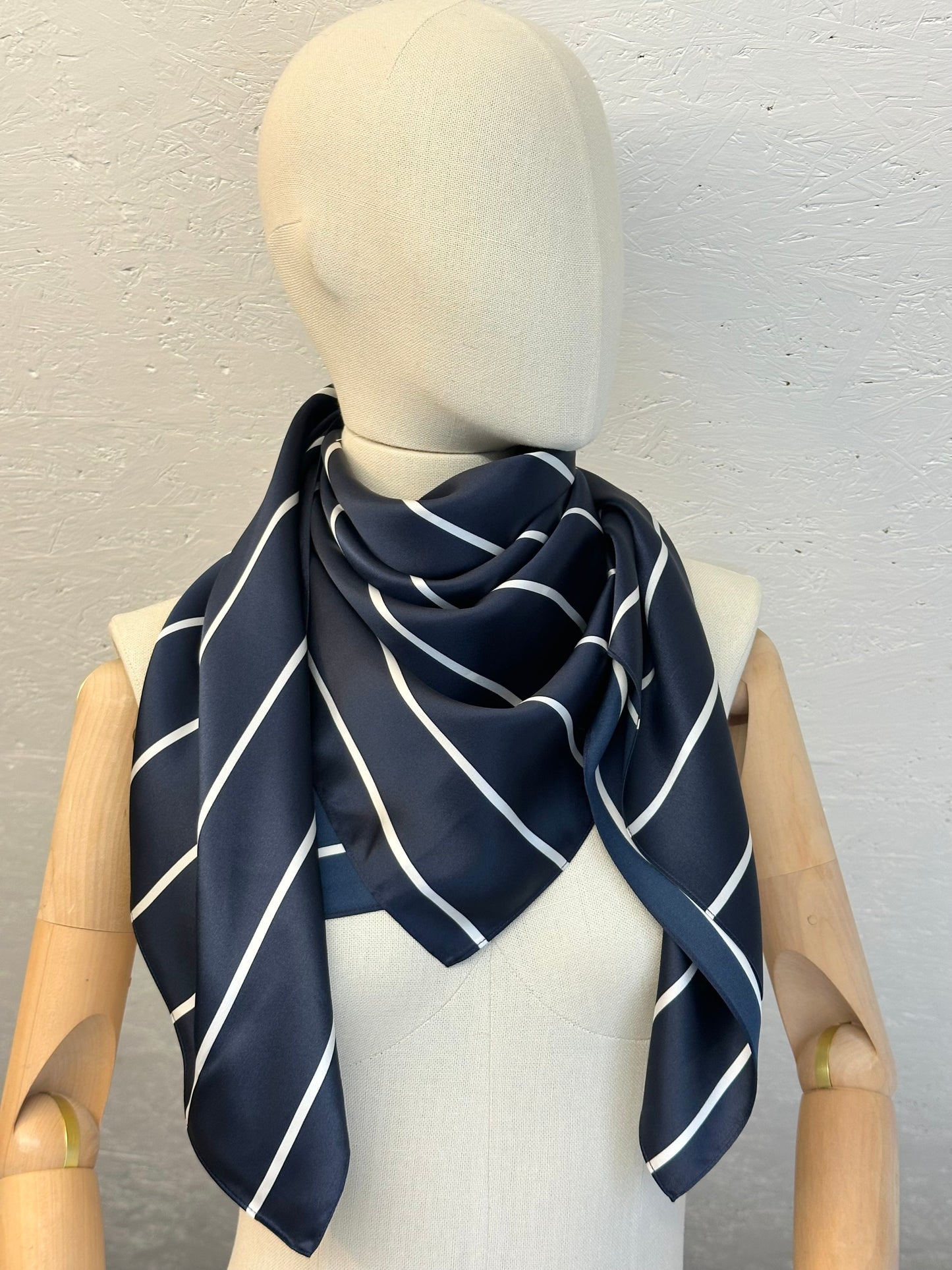 Natural Silk Scarf - Dark Blue with White Stripes - 100% Mulberry Silk