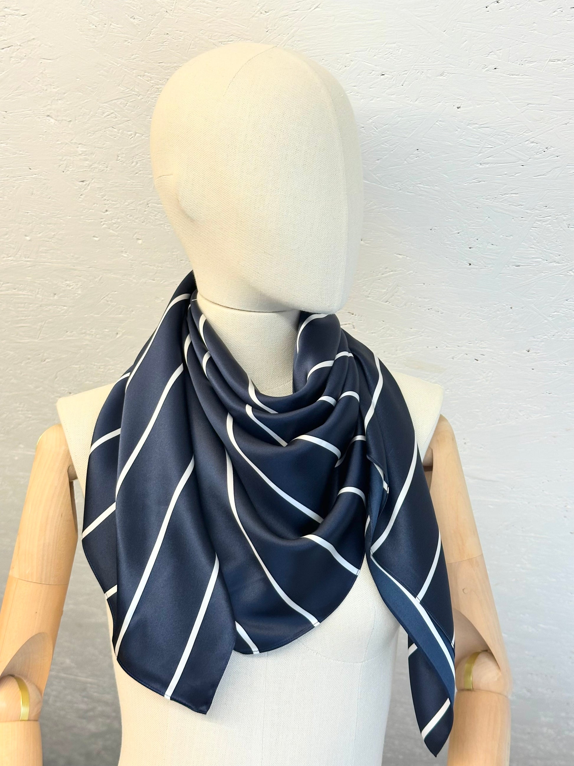 Natural Silk Scarf - Dark Blue with White Stripes - 100% Mulberry Silk