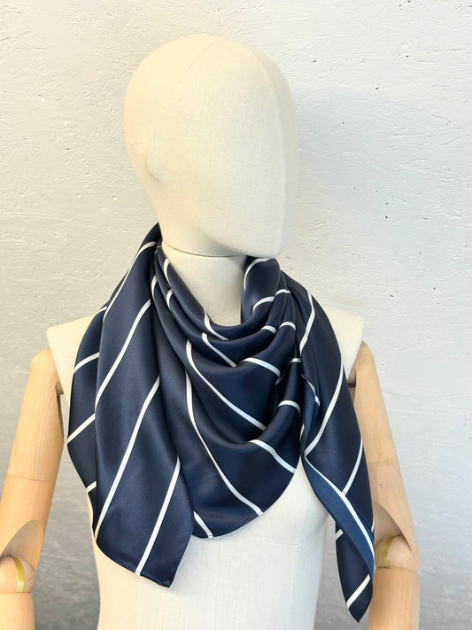 Natural Silk Scarf - Dark Blue with White Stripes - 100% Mulberry Silk